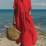 Women's Pintuck Linen-Look Maxi Shirt Dress – Relaxed Summer Dress for Beach, Brunch & Holidays