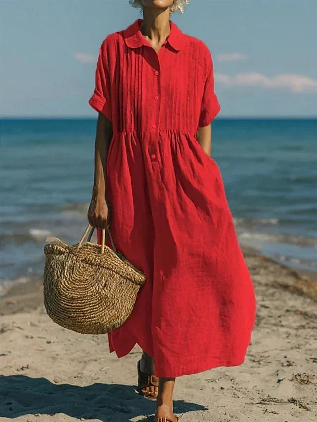 Women's Pintuck Linen-Look Maxi Shirt Dress – Relaxed Summer Dress for Beach, Brunch & Holidays