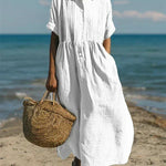 Women's Pintuck Linen-Look Maxi Shirt Dress – Relaxed Summer Dress for Beach, Brunch & Holidays