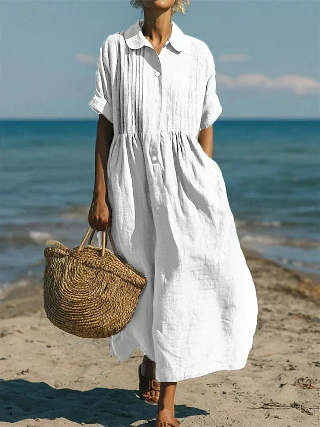 Women's Pintuck Linen-Look Maxi Shirt Dress – Relaxed Summer Dress for Beach, Brunch & Holidays