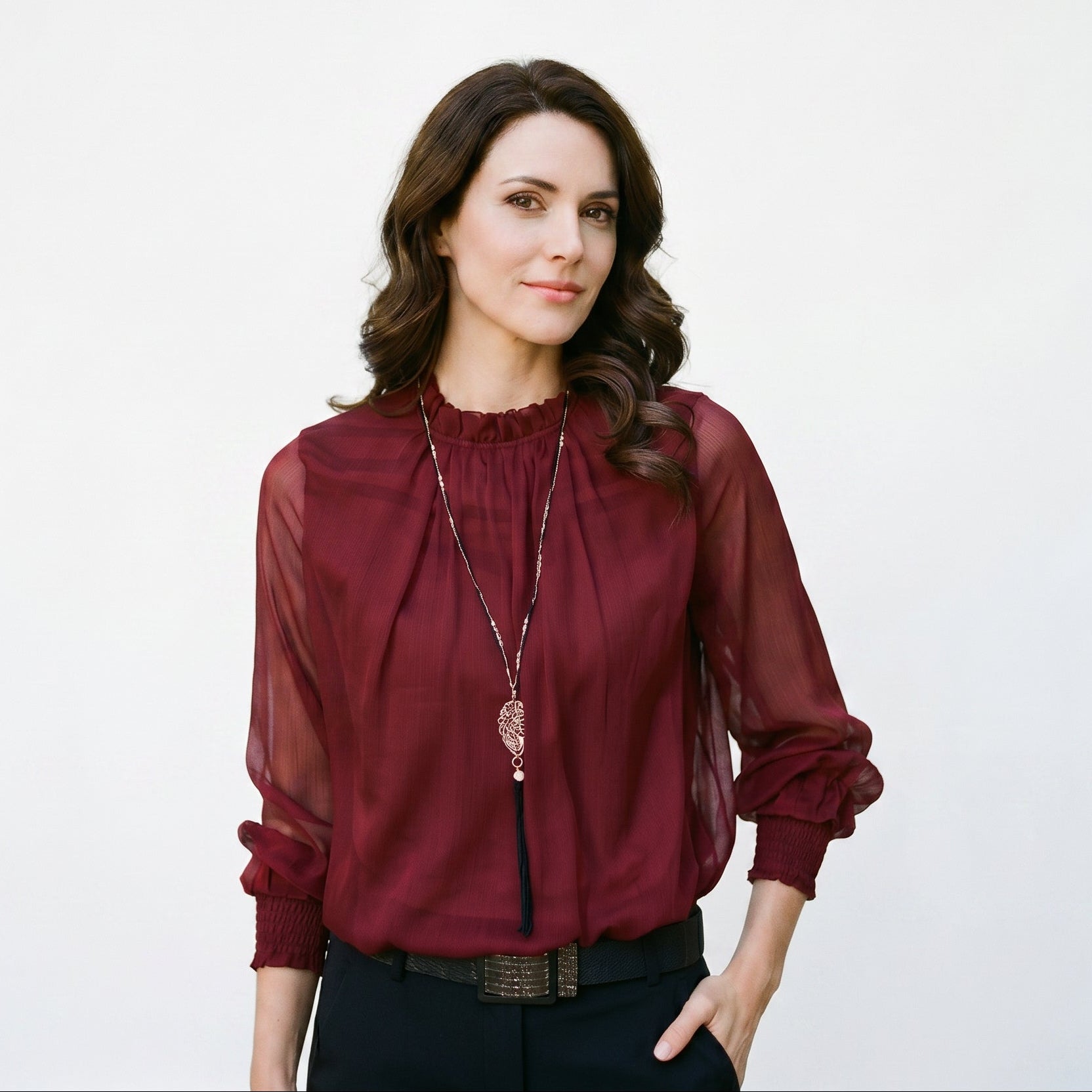 Women's V-Neck Long Sleeve Blouse – Relaxed Fit Feminine Top for Work and Weekend