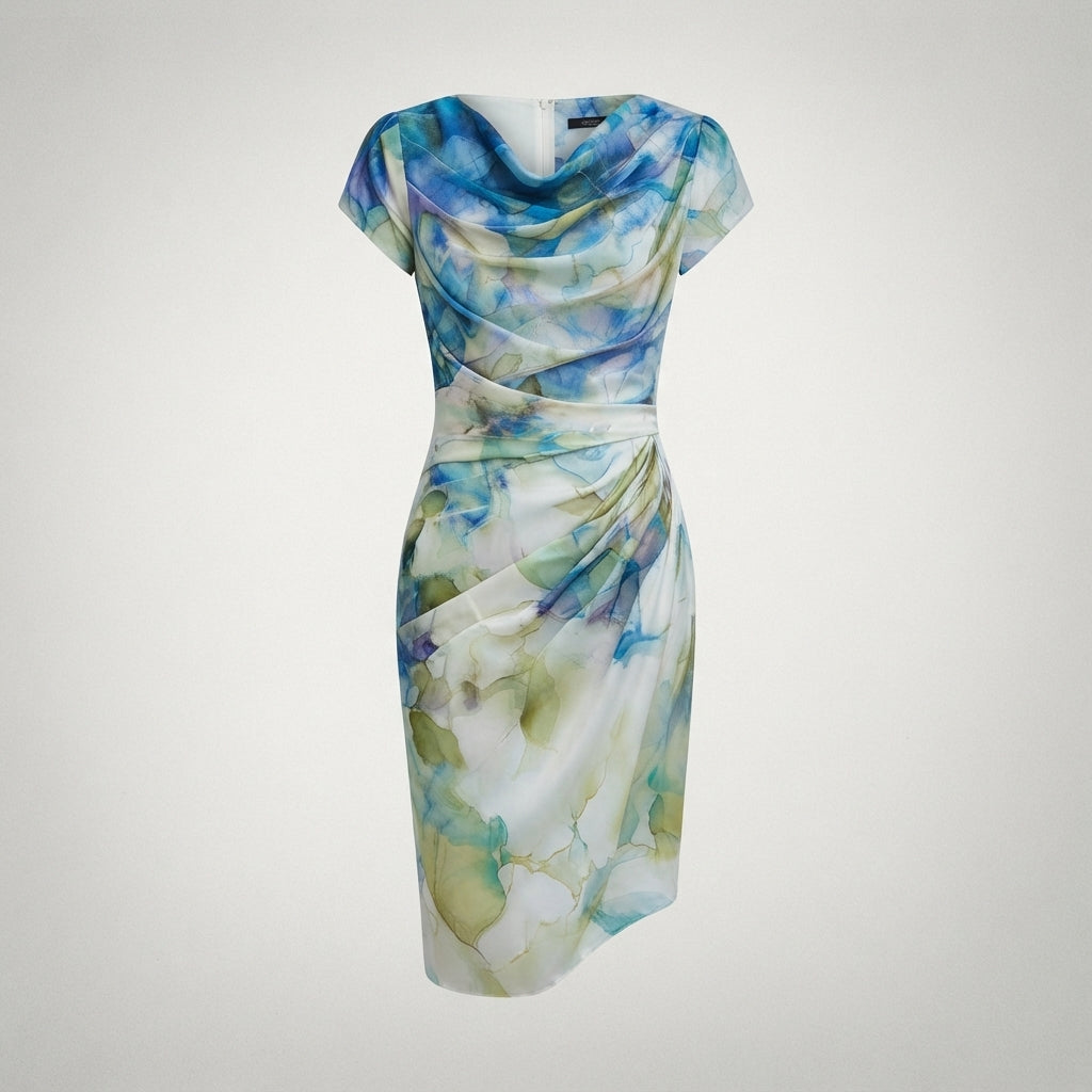 Women's Floral Cowl Neck Bodycon Midi Dress – Fitted Evening and Occasion Dress