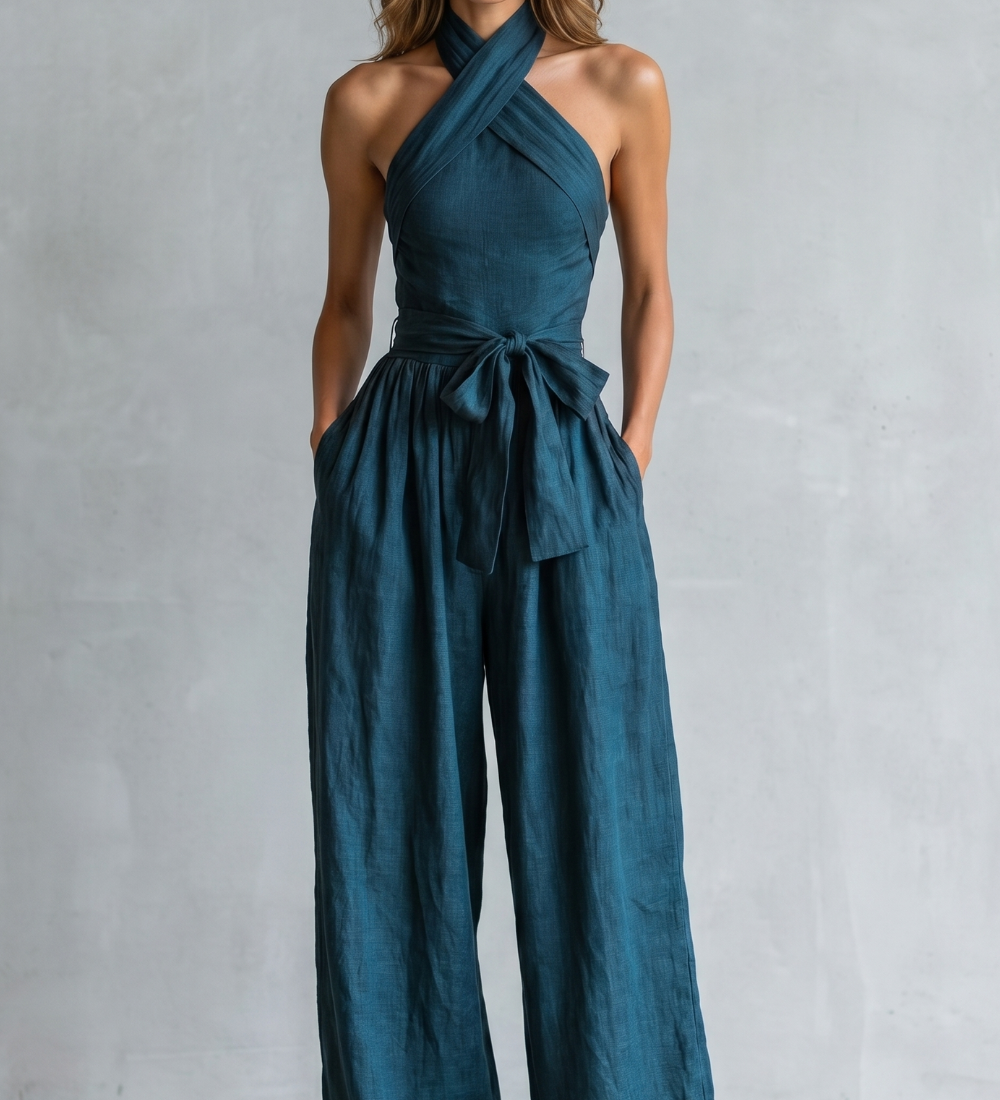 Women's Cross-Halter Wide-Leg Jumpsuit with Tie Waist – Lined Jumpsuit for Weddings & Events