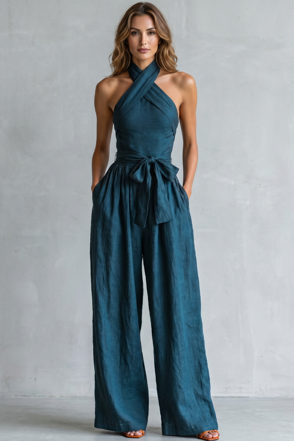 Women's Cross-Halter Wide-Leg Jumpsuit with Tie Waist – Lined Jumpsuit for Weddings & Events