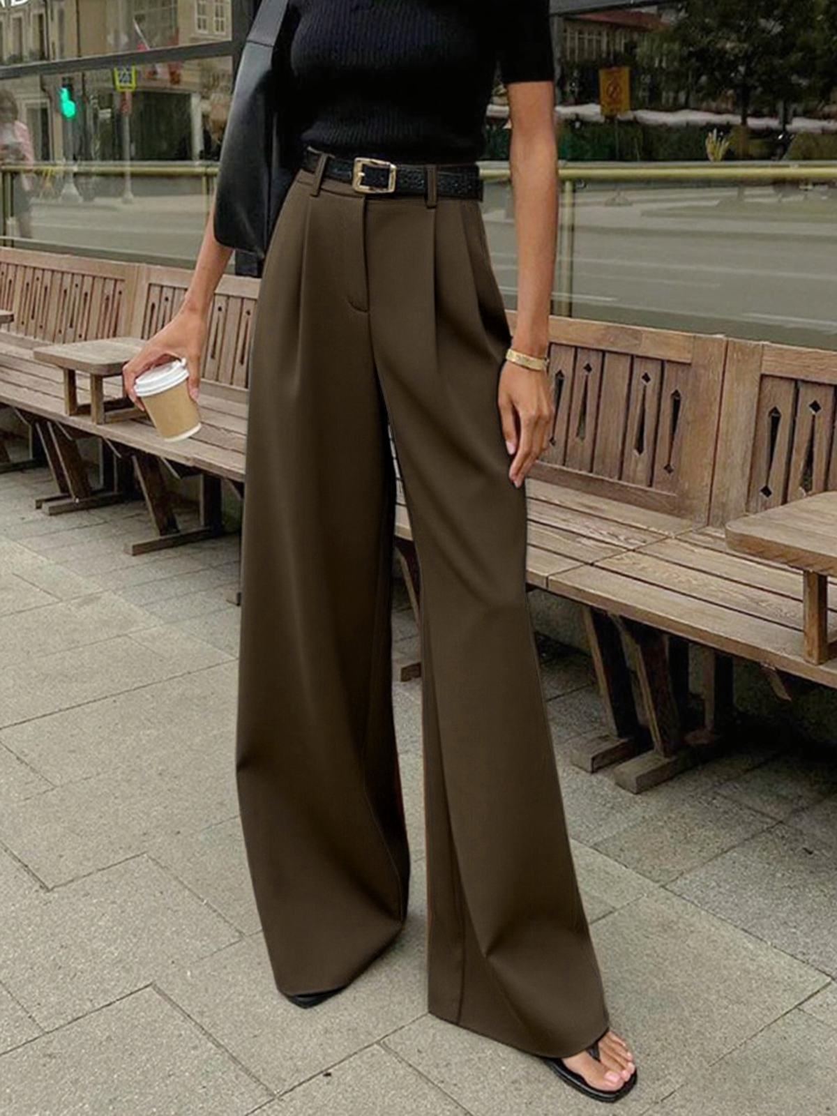 Women's High Waisted Wide Leg Pants with Belt Detail – Polished Office & Summer Pants