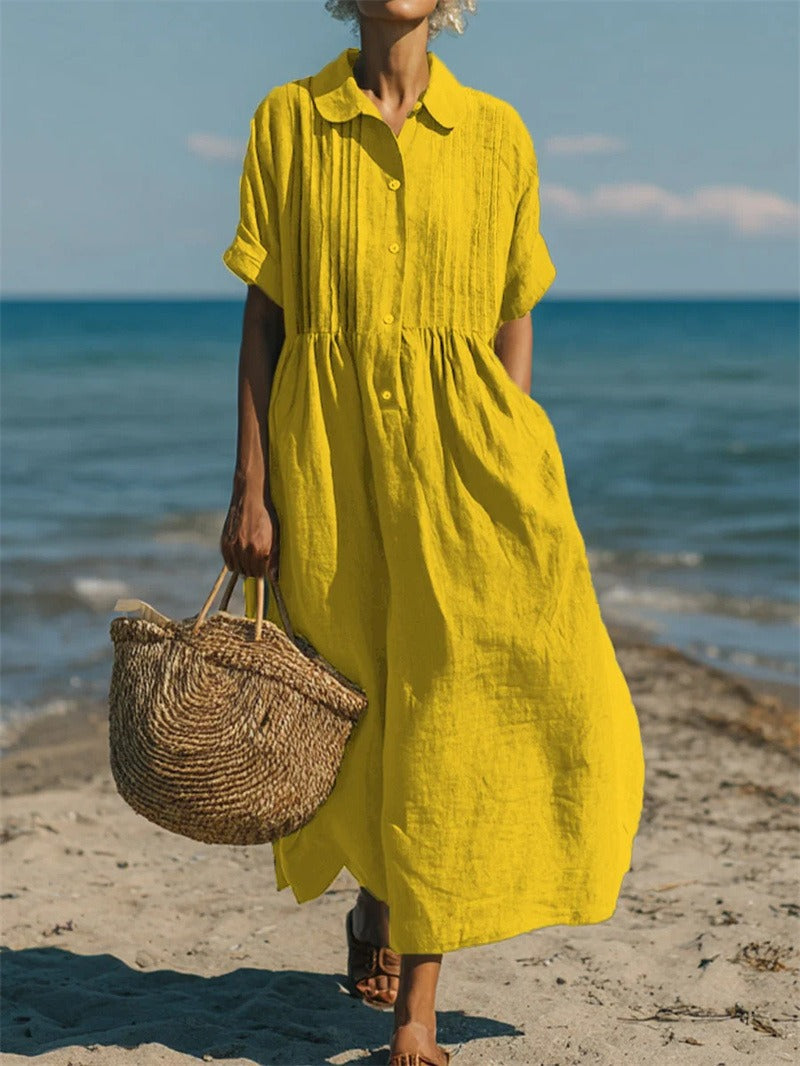 Women's Pintuck Linen-Look Maxi Shirt Dress – Relaxed Summer Dress for Beach, Brunch & Holidays