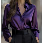 Women's Satin Long Sleeve Collared Blouse with Button Front – Elegant Work and Evening Top