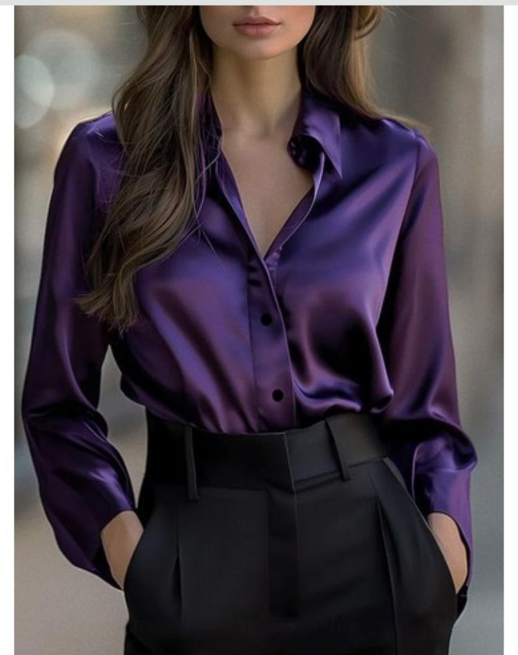 Women's Satin Long Sleeve Collared Blouse with Button Front – Elegant Work and Evening Top