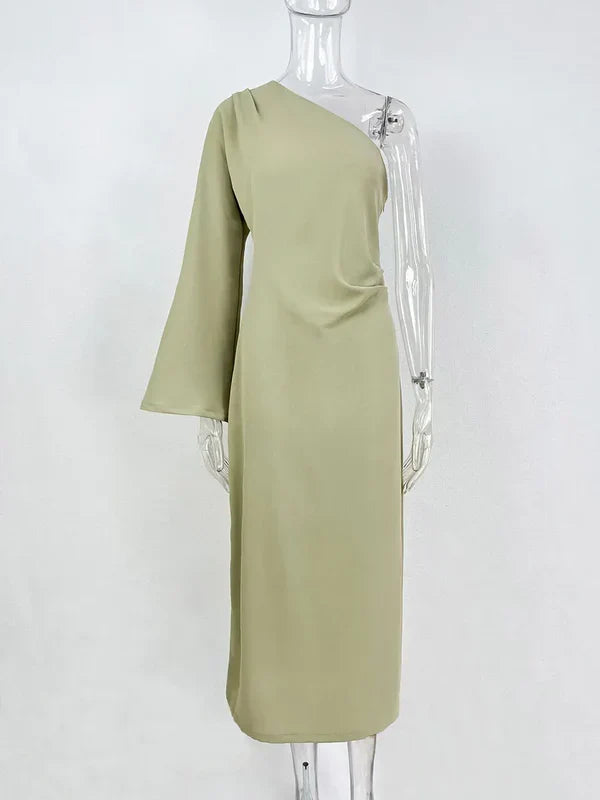 Women's Asymmetric One Shoulder Maxi Dress with Long Sleeve – Fitted Elegant Event Dress
