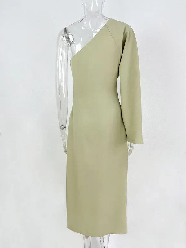 Women's Asymmetric One Shoulder Maxi Dress with Long Sleeve – Fitted Elegant Event Dress
