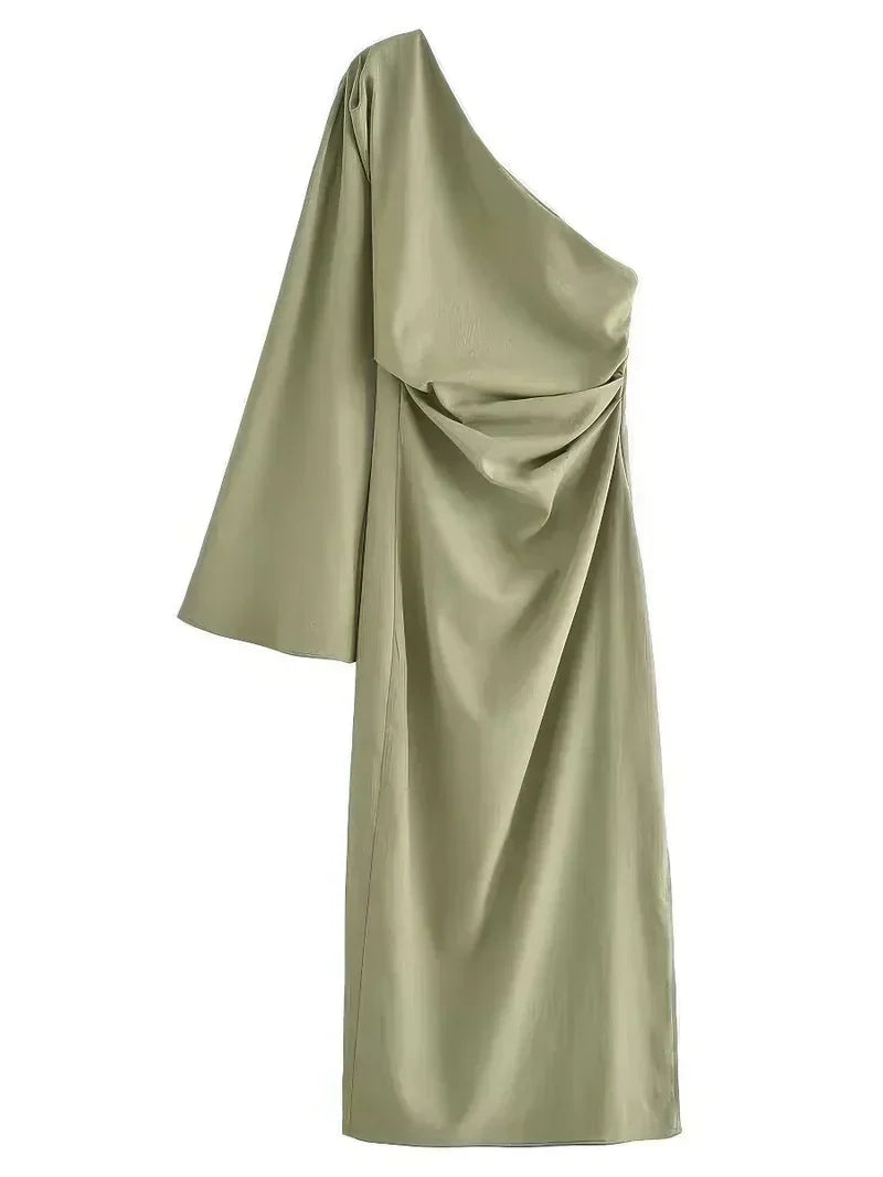 Women's Asymmetric One Shoulder Maxi Dress with Long Sleeve – Fitted Elegant Event Dress