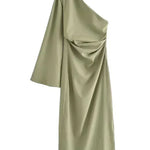 Women's Asymmetric One Shoulder Maxi Dress with Long Sleeve – Fitted Elegant Event Dress