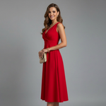 Women's Sleeveless V-Neck Midi Dress with A-Line Skirt – Back Zip Dress for Weddings & Events