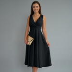 Women's Sleeveless V-Neck Midi Dress with A-Line Skirt – Back Zip Dress for Weddings & Events