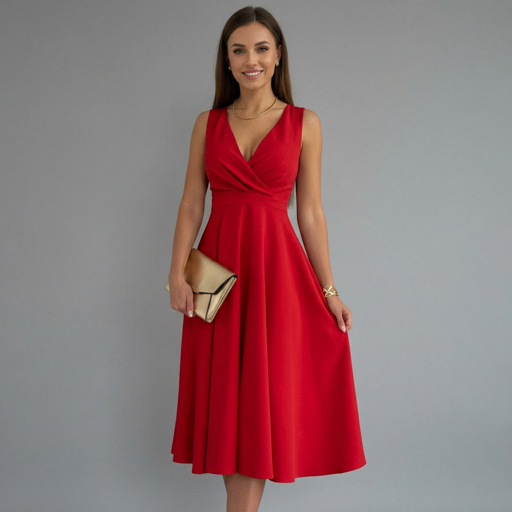 Women's Sleeveless V-Neck Midi Dress with A-Line Skirt – Back Zip Dress for Weddings & Events