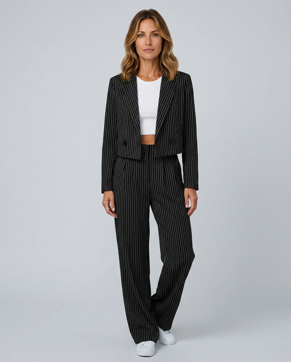 Women's Pinstripe Blazer & Wide Leg Pants Co-ord Set – Tailored Two-Piece Suit