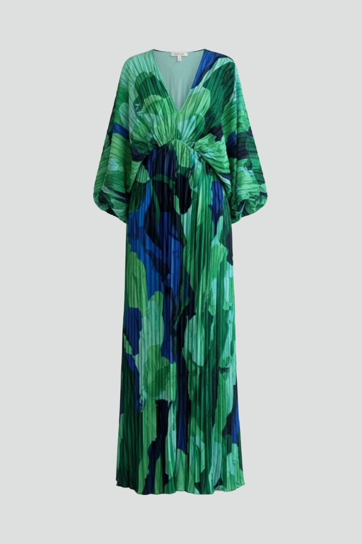 Women's Pleated V-Neck Maxi Dress in Green – Elegant Evening & Wedding Guest Dress