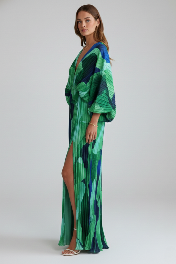 Women's Pleated V-Neck Maxi Dress in Green – Elegant Evening & Wedding Guest Dress