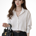 Women's Striped Long Sleeve Shirt with Turn-Down Collar – Button-Up Work & Casual Top