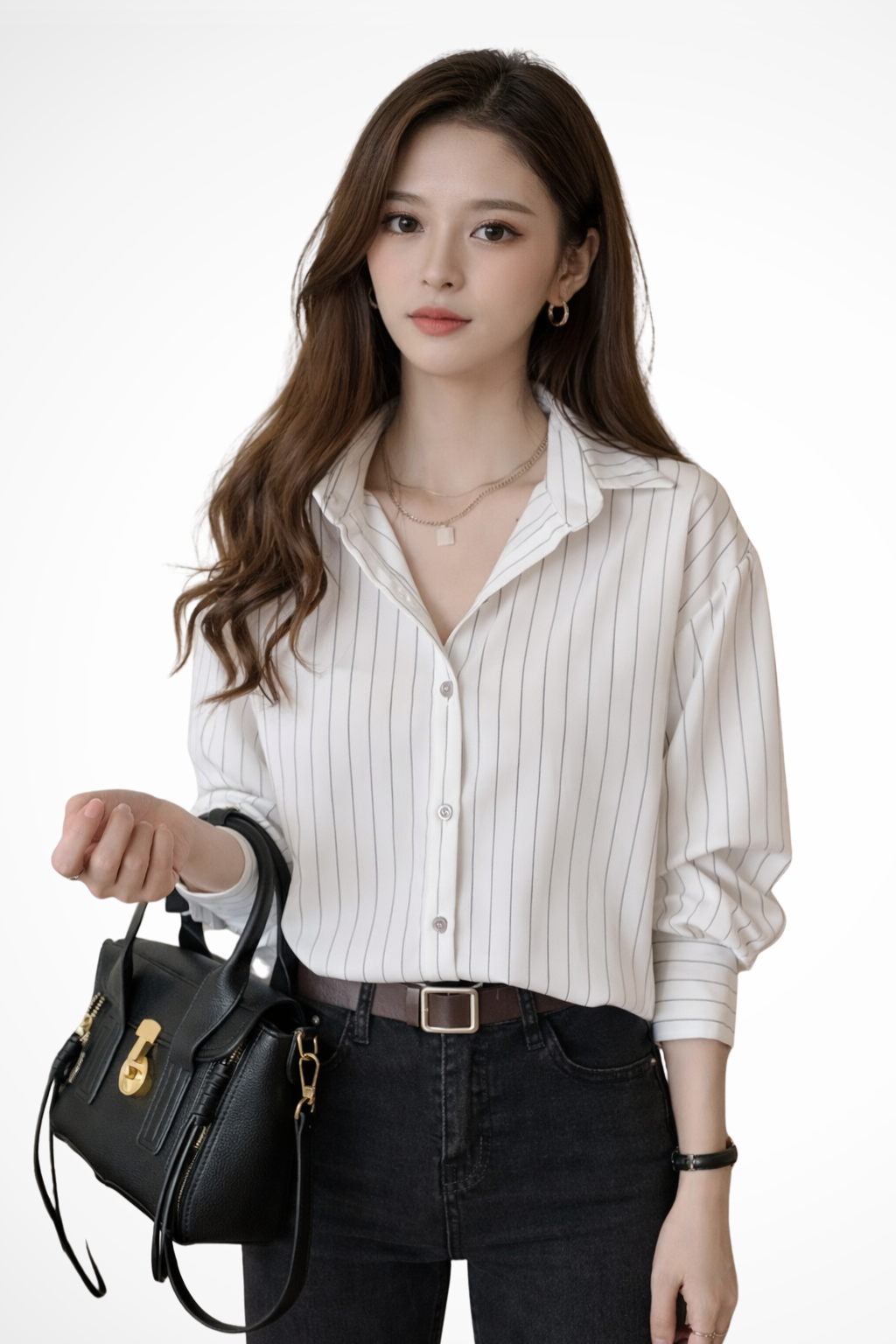 Women's Striped Long Sleeve Shirt with Turn-Down Collar – Button-Up Work & Casual Top
