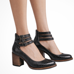 Women's Strappy Ankle Strap Block Heels with Buckles – Closed Toe Smart Casual Shoes