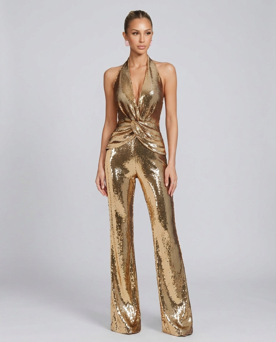 Women's Gold Metallic Jumpsuit with Twisted Front – Sleeveless Formal Evening Jumpsuit