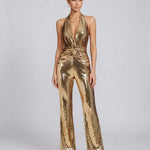 Women's Gold Metallic Jumpsuit with Twisted Front – Sleeveless Formal Evening Jumpsuit