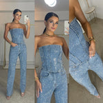 Women's Sequin Strapless Crop Top & High-Waist Jeans Set – Two-Piece Party Outfit for Nights Out