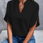 Women's V-Neck Short Sleeve Blouse with Stand Collar – Relaxed Fit Work and Weekend Top