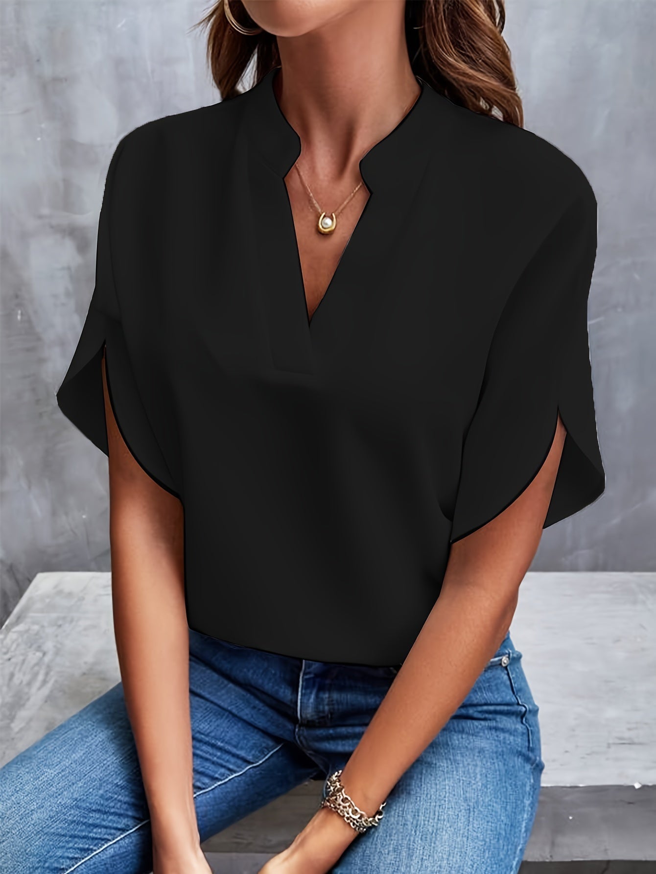 Women's V-Neck Short Sleeve Blouse with Stand Collar – Relaxed Fit Work and Weekend Top