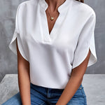Women's V-Neck Short Sleeve Blouse with Stand Collar – Relaxed Fit Work and Weekend Top