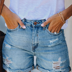 Women's Distressed Denim Shorts with Fringe Hem – High Rise Ripped Summer Shorts