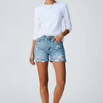 Women's Distressed Denim Shorts with Fringe Hem – High Rise Ripped Summer Shorts