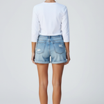 Women's Distressed Denim Shorts with Fringe Hem – High Rise Ripped Summer Shorts