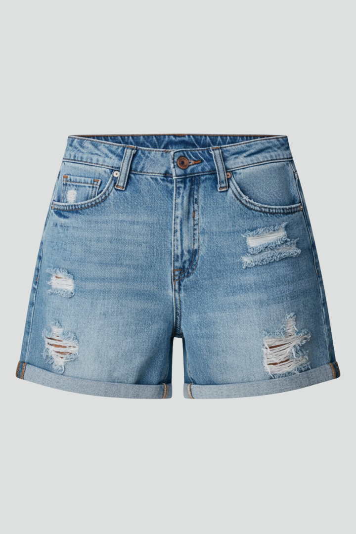 Women's Distressed Denim Shorts with Fringe Hem – High Rise Ripped Summer Shorts