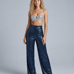 Women's High Waist Sequin Wide-Leg Pants – Sparkly Evening and Party Pants
