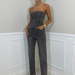 Women's Sequin Strapless Crop Top & High-Waist Jeans Set – Two-Piece Party Outfit for Nights Out