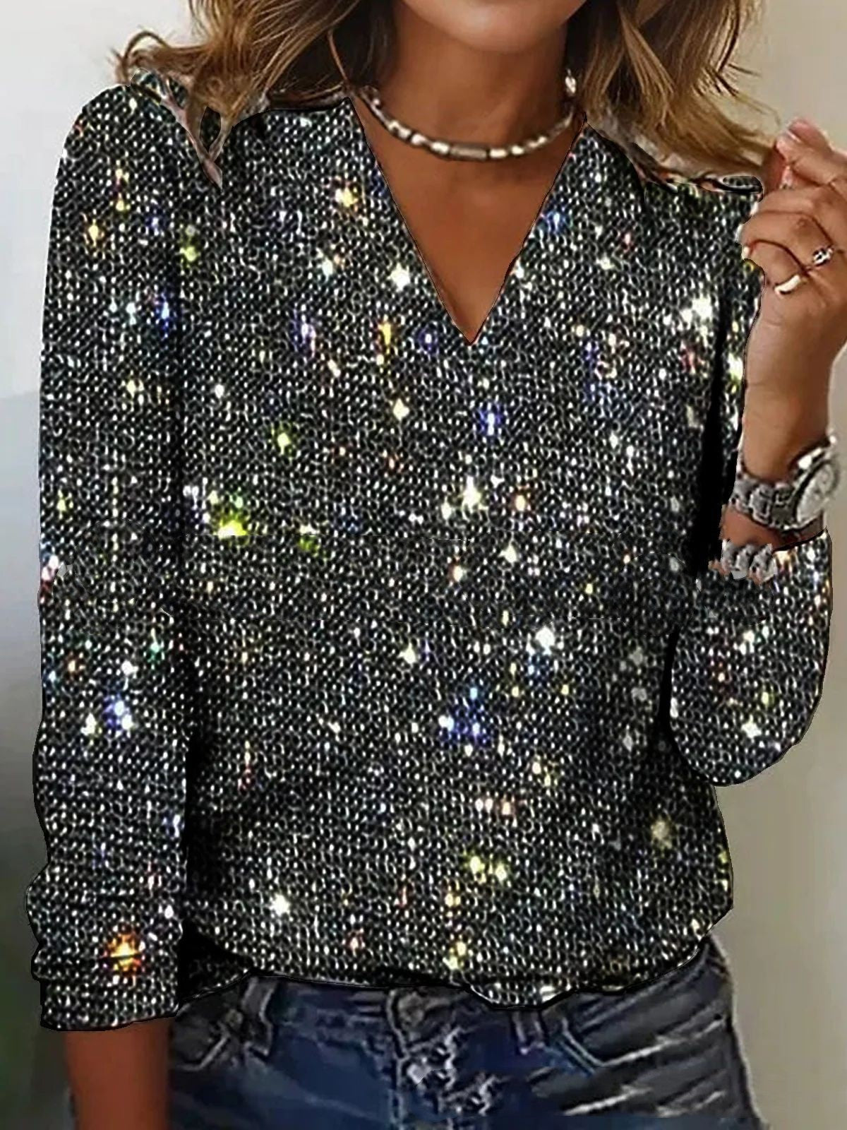 Women's Glitter V-Neck Top with Long Sleeves – Sparkly Party & Festive Season Top