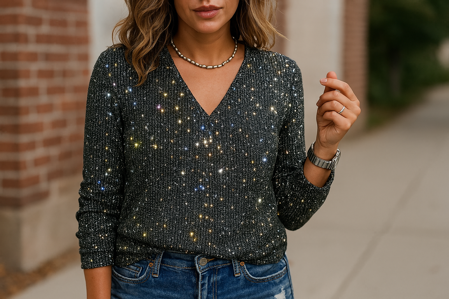 Women's Glitter V-Neck Top with Long Sleeves – Sparkly Party & Festive Season Top