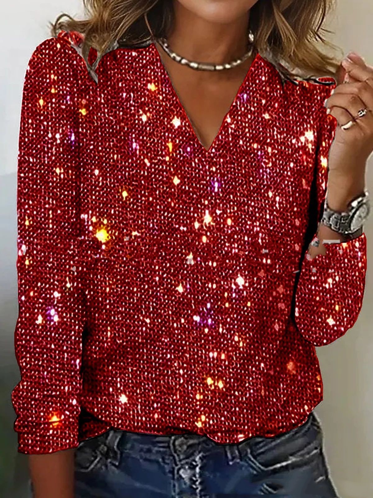 Women's Glitter V-Neck Top with Long Sleeves – Sparkly Party & Festive Season Top