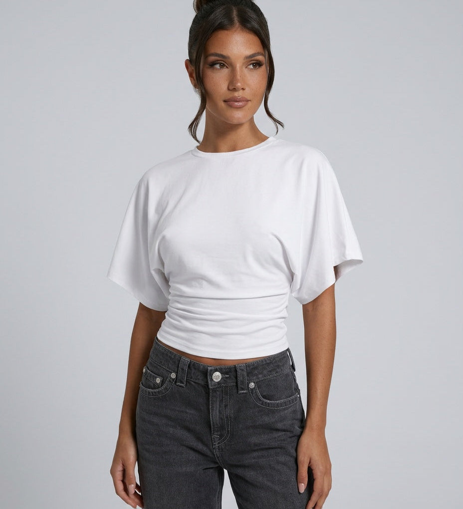Women's Cropped Ruched Top with Wide Short Sleeves – Round-Neck Relaxed Summer Top