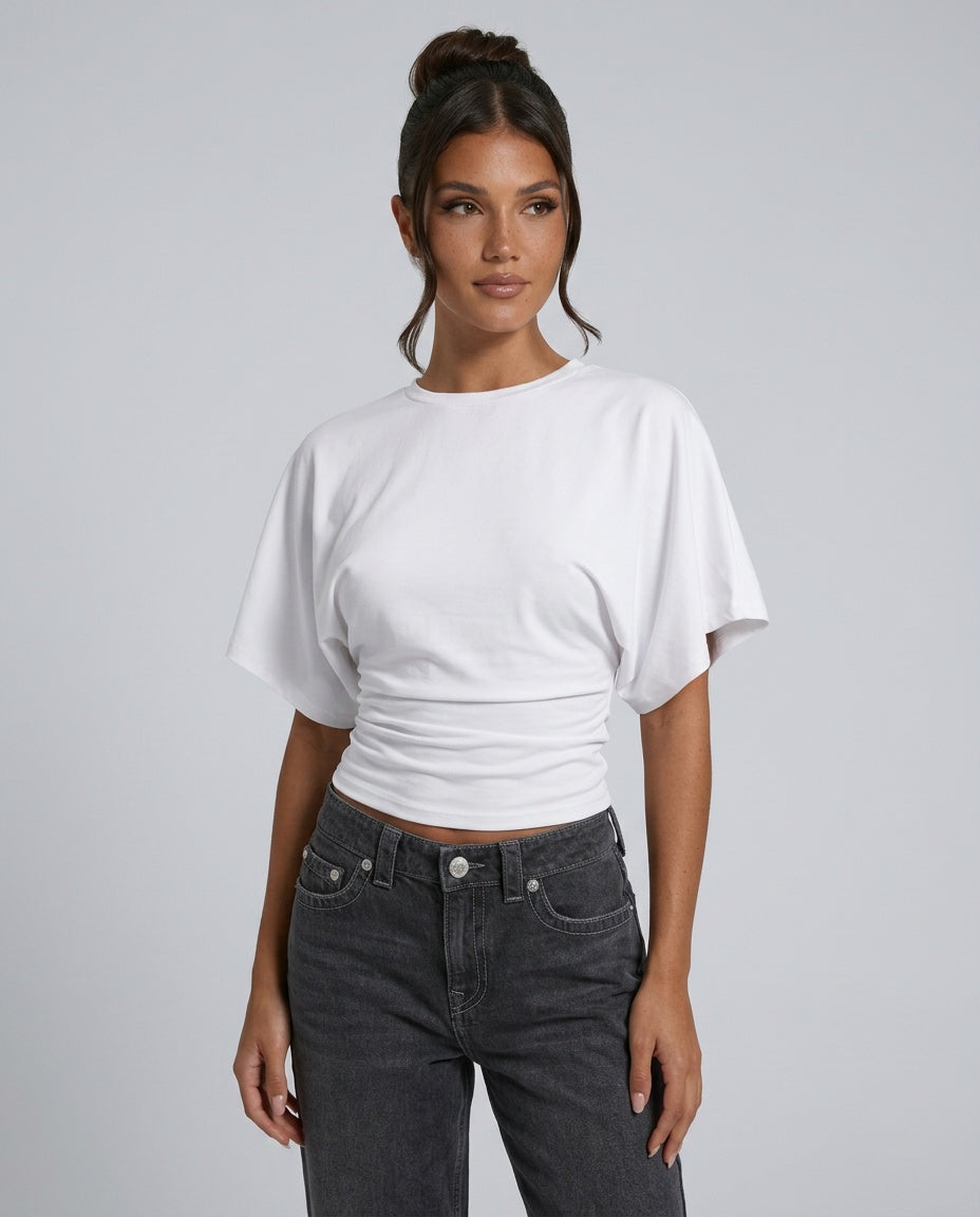 Women's Cropped Ruched Top with Wide Short Sleeves – Round-Neck Relaxed Summer Top