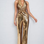 Women's Gold Metallic Jumpsuit with Twisted Front – Sleeveless Formal Evening Jumpsuit
