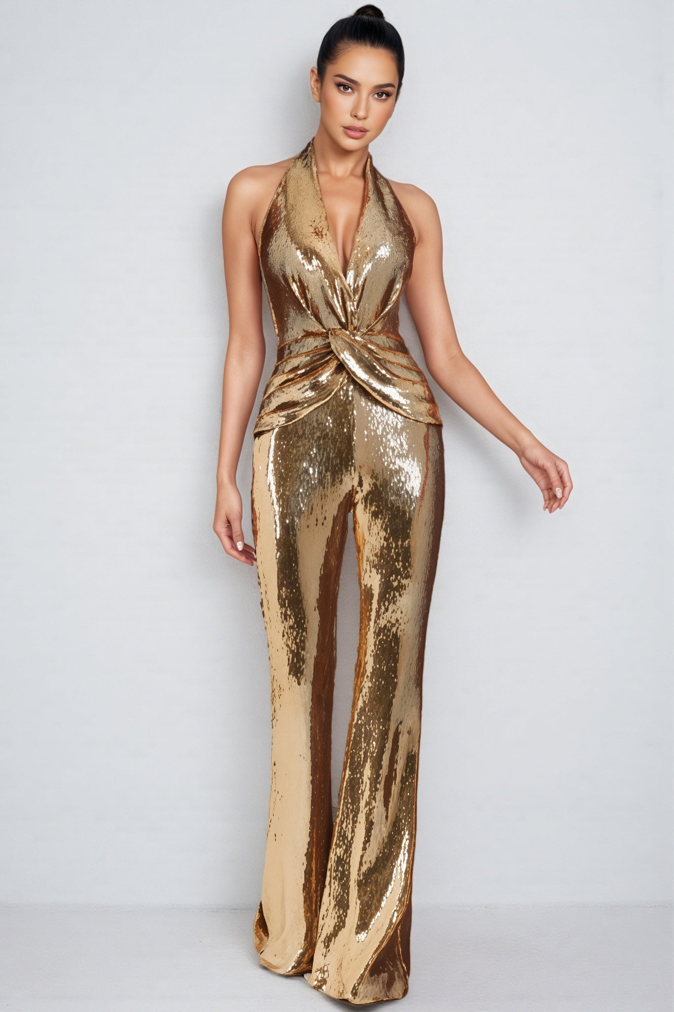 Women's Gold Metallic Jumpsuit with Twisted Front – Sleeveless Formal Evening Jumpsuit