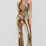 Women's Gold Metallic Jumpsuit with Twisted Front – Sleeveless Formal Evening Jumpsuit