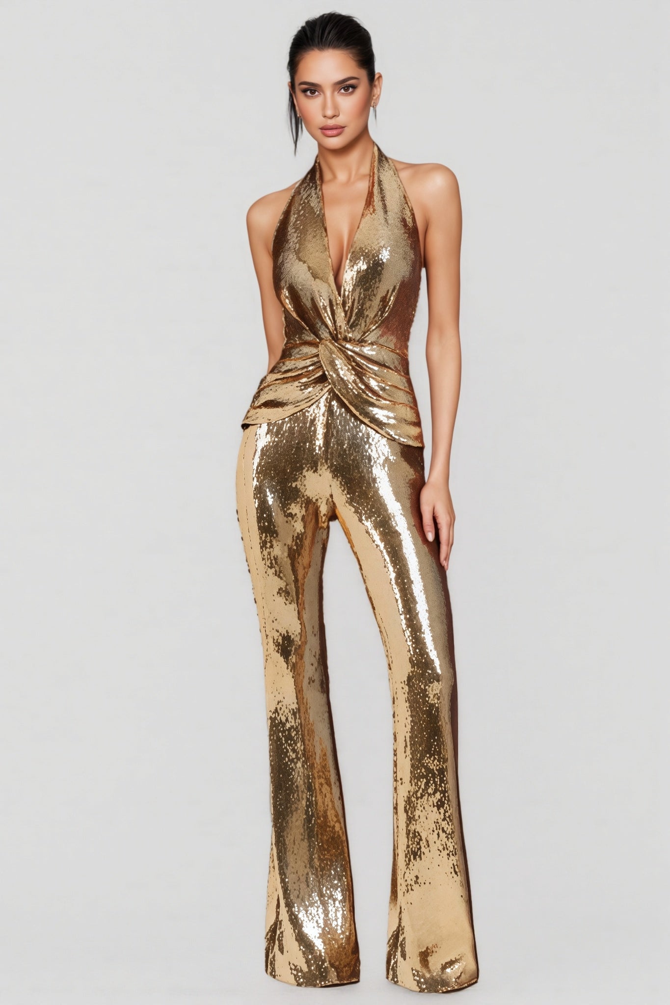 Women's Gold Metallic Jumpsuit with Twisted Front – Sleeveless Formal Evening Jumpsuit