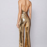 Women's Gold Metallic Jumpsuit with Twisted Front – Sleeveless Formal Evening Jumpsuit