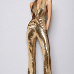 Women's Gold Metallic Jumpsuit with Twisted Front – Sleeveless Formal Evening Jumpsuit