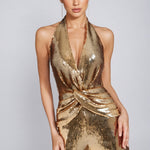 Women's Gold Metallic Jumpsuit with Twisted Front – Sleeveless Formal Evening Jumpsuit