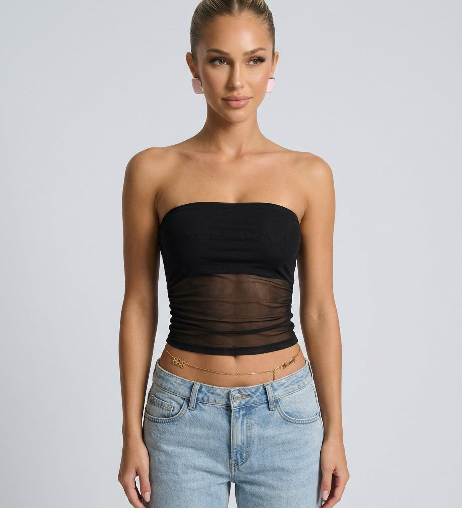 Women's Strapless Mesh Panel Crop Top – Fitted Bandeau Tube Top for Evening